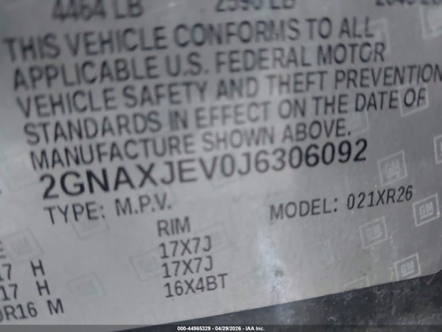 Продаж на аукціоні авто 2018 Chevrolet Equinox Lt, vin: 2GNAXJEV0J6306092, номер лоту: 44965329