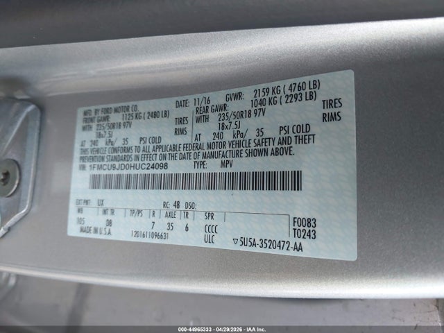 Ford Escape Titanium 2017 1FMCU9JD0HUC24098 Image 9