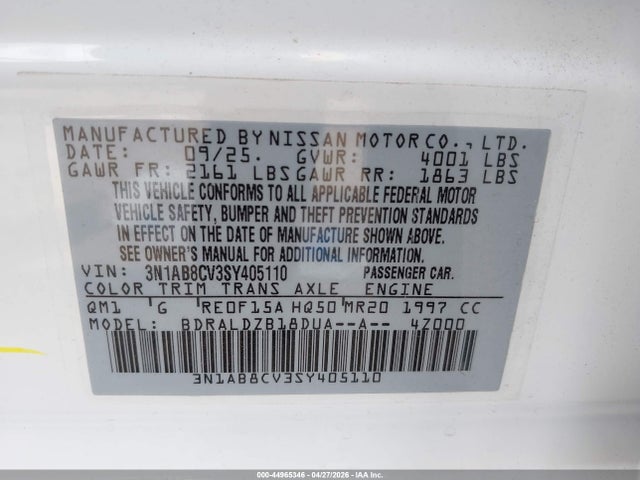 3N1AB8CV3SY405110 Nissan SENTRA SV