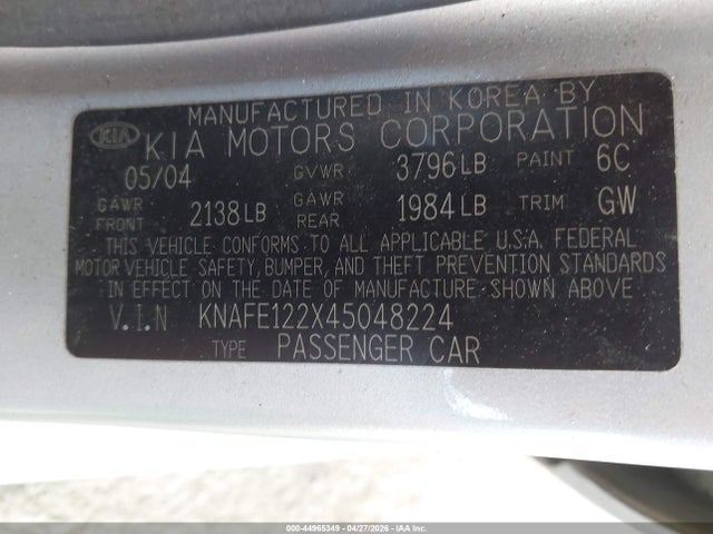 Auction sale of the 2004 Kia Spectra Ex/lx, vin: KNAFE122X45048224, lot number: 44965349