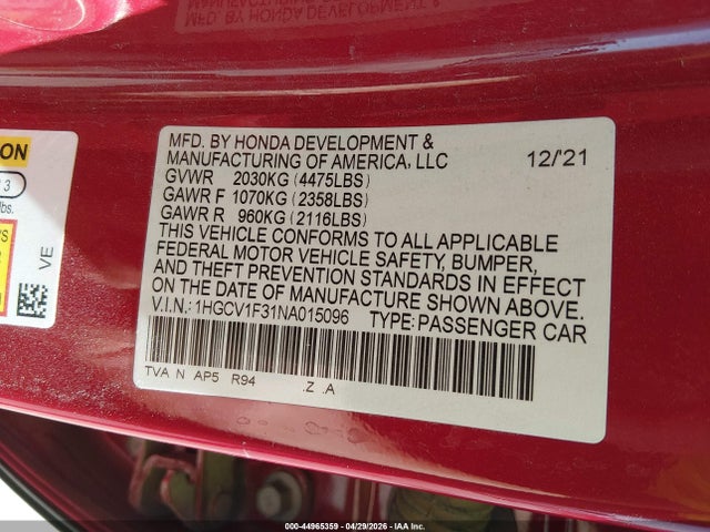 1HGCV1F31NA015096 Honda Accord Sport