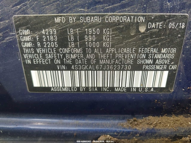 44965362 :رقم المزاد ، 4S3GKAL67J3623730 vin ، 2018 Subaru Impreza 2.0i Sport مزاد بيع
