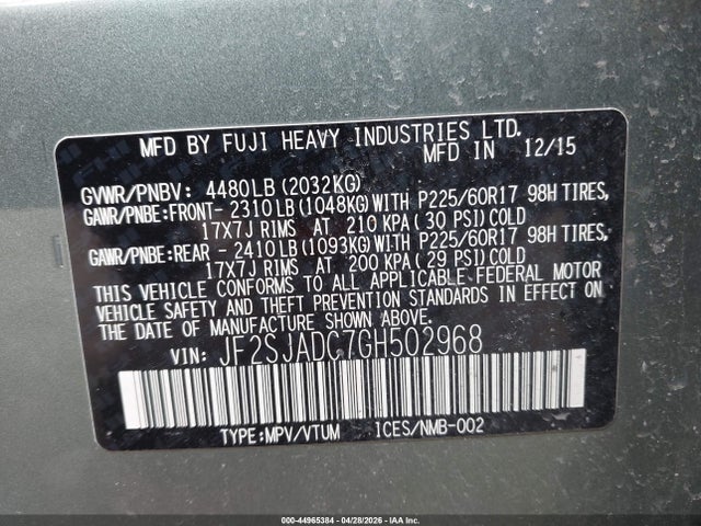 Продаж на аукціоні авто 2016 Subaru Forester 2.5i Premium, vin: JF2SJADC7GH502968, номер лоту: 44965384