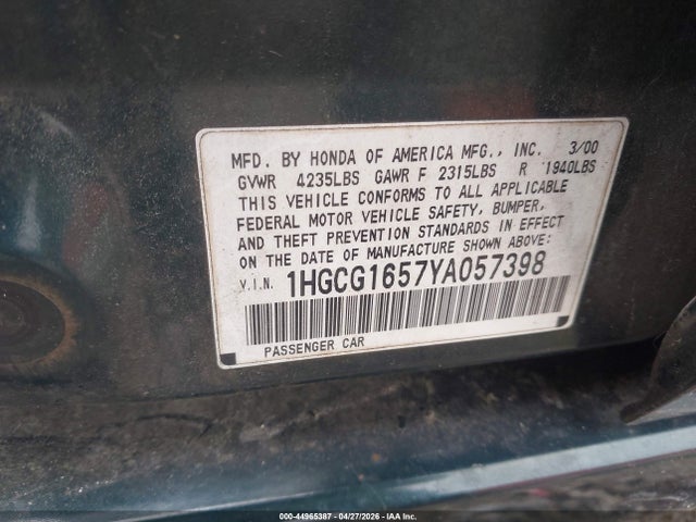 44965387 :رقم المزاد ، 1HGCG1657YA057398 vin ، 2000 Honda Accord 3.0 Ex مزاد بيع