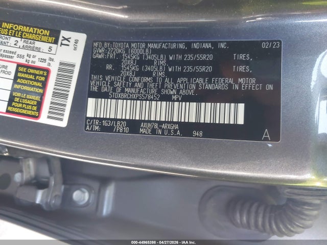 Aukcja sprzedaży 2023 Toyota Highlander Hybrid Limited, vin: 5TDXBRCHXPS578452, numer aukcji: 44965398
