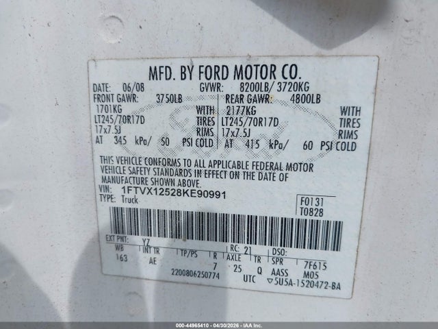 2008 Ford F-150 Xl/xlt მანქანა იყიდება აუქციონზე, vin: 1FTVX12528KE90991, აუქციონის ნომერი: 44965410