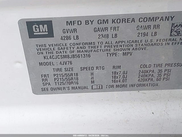 44965413 :رقم المزاد ، KL4CJCSM8JB561316 vin ، 2018 Buick Encore Essence مزاد بيع