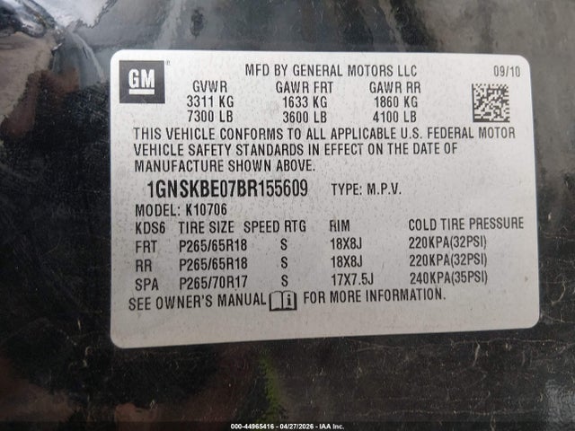 44965416 :رقم المزاد ، 1GNSKBE07BR155609 vin ، 2011 Chevrolet Tahoe Lt مزاد بيع