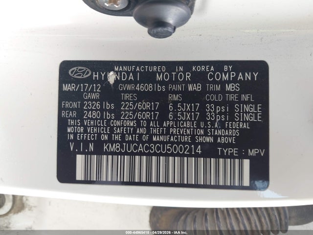 Aukcja sprzedaży 2012 Hyundai Tucson Gls, vin: KM8JUCAC3CU500214, numer aukcji: 44965418