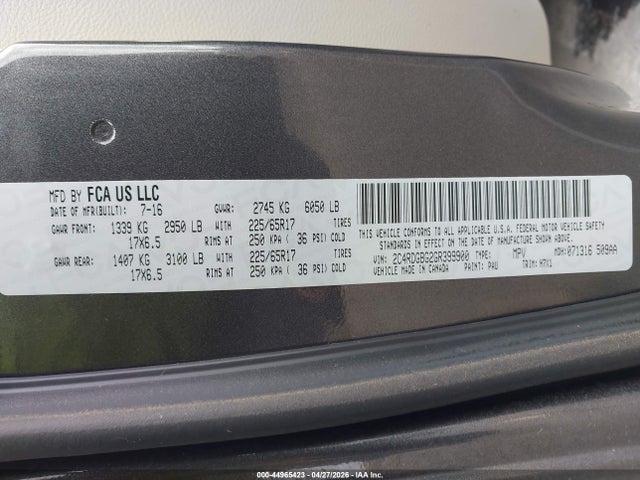Продаж на аукціоні авто 2016 Dodge Grand Caravan Se, vin: 2C4RDGBG2GR399900, номер лоту: 44965423
