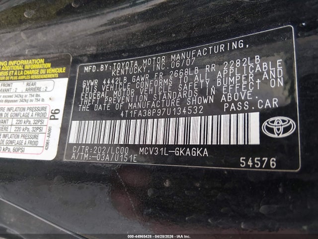 Продаж на аукціоні авто 2007 Toyota Camry Solara Sle, vin: 4T1FA38P97U134532, номер лоту: 44965428