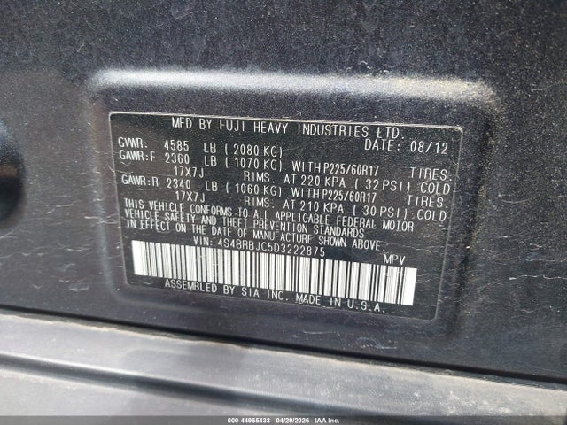 Aukcja sprzedaży 2013 Subaru Outback 2.5i Limited, vin: 4S4BRBJC5D3222875, numer aukcji: 44965433