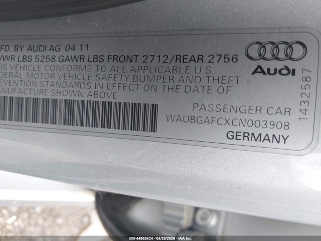44965434 :رقم المزاد ، WAUBGAFCXCN003908 vin ، 2012 Audi A6 3.0 Premium مزاد بيع