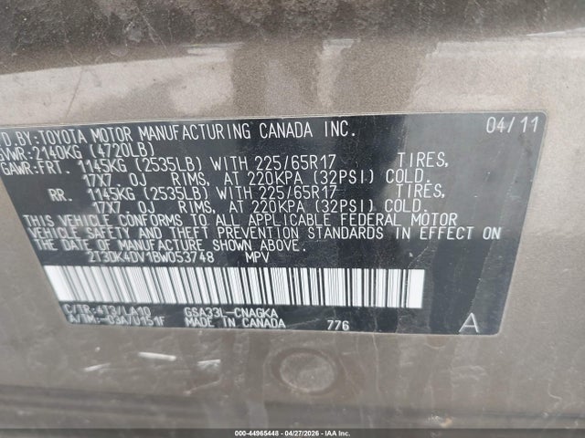 Aukcja sprzedaży 2011 Toyota Rav4 Limited V6, vin: 2T3DK4DV1BW053748, numer aukcji: 44965448