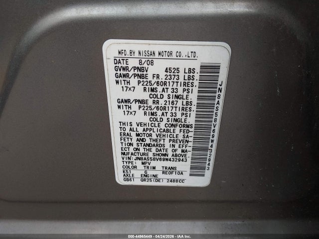 44965449 :رقم المزاد ، JN8AS58V69W432943 vin ، 2009 Nissan Rogue Sl مزاد بيع
