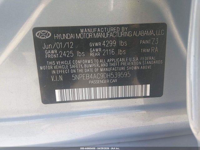 2013 Hyundai Sonata Gls მანქანა იყიდება აუქციონზე, vin: 5NPEB4AC9DH539595, აუქციონის ნომერი: 44965458