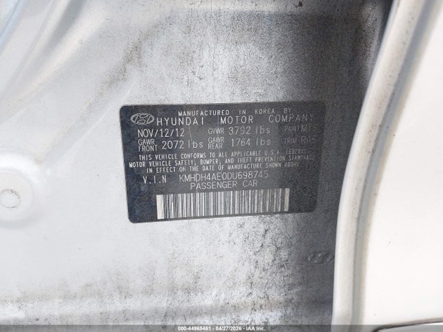 2013 Hyundai Elantra Gls მანქანა იყიდება აუქციონზე, vin: KMHDH4AE0DU698745, აუქციონის ნომერი: 44965461