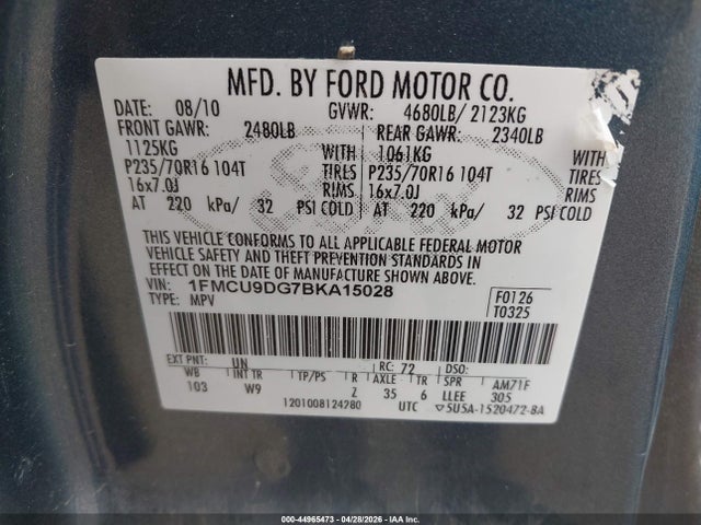 2011 Ford Escape Xlt მანქანა იყიდება აუქციონზე, vin: 1FMCU9DG7BKA15028, აუქციონის ნომერი: 44965473
