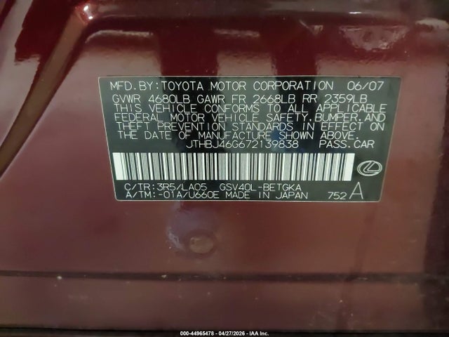44965478 :رقم المزاد ، JTHBJ46G672139838 vin ، 2007 Lexus Es 350 مزاد بيع