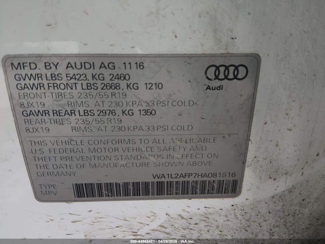Aukcja sprzedaży 2017 Audi Q5 2.0t Premium, vin: WA1L2AFP7HA081516, numer aukcji: 44965481