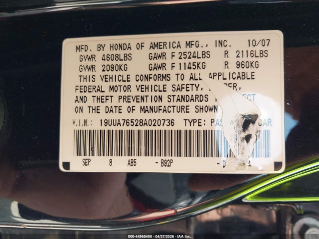 Продаж на аукціоні авто 2008 Acura Tl Type S, vin: 19UUA76528A020736, номер лоту: 44965488