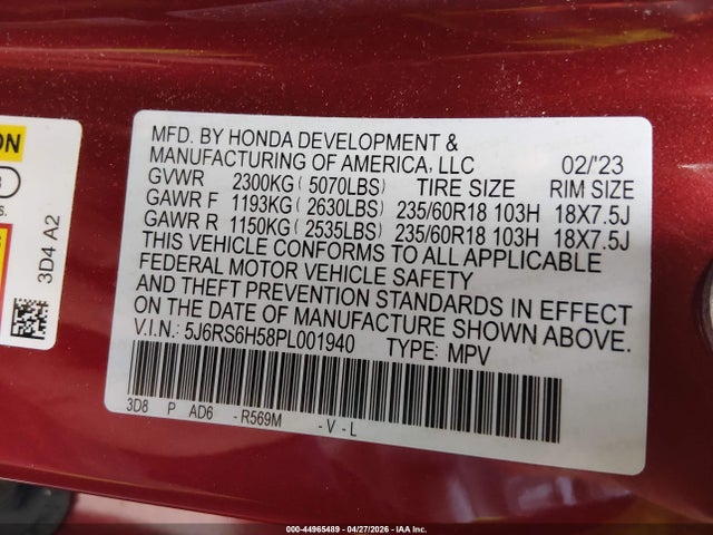 44965489 :رقم المزاد ، 5J6RS6H58PL001940 vin ، 2023 Honda Cr-v Hybrid Sport مزاد بيع