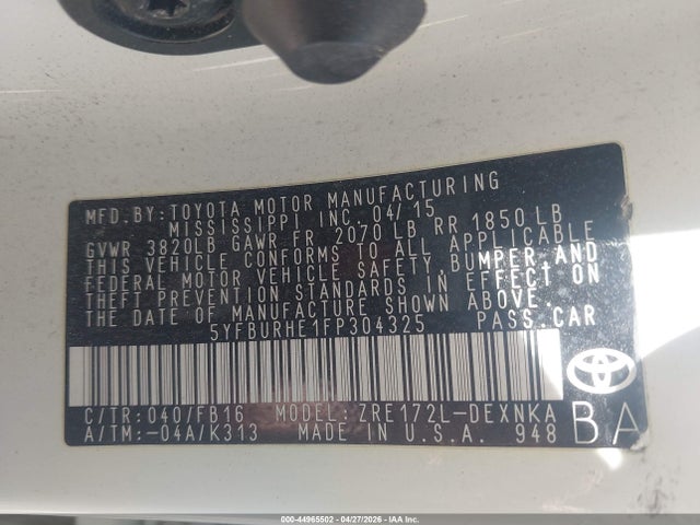 Продажа на аукционе авто 2015 Toyota Corolla Le Plus, vin: 5YFBURHE1FP304325, номер лота: 44965502