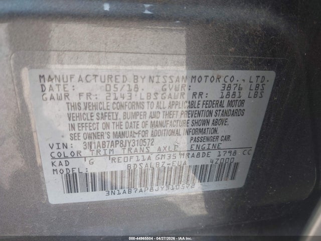 44965504 :رقم المزاد ، 3N1AB7AP8JY310572 vin ، 2018 Nissan Sentra S مزاد بيع