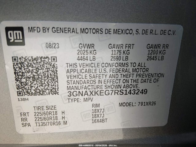 Aukcja sprzedaży 2024 Chevrolet Equinox Fwd Lt, vin: 3GNAXKEG7RS143249, numer aukcji: 44965510