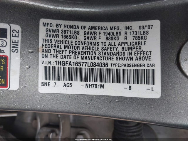 Продаж на аукціоні авто 2007 Honda Civic Lx, vin: 1HGFA16577L084036, номер лоту: 44965515