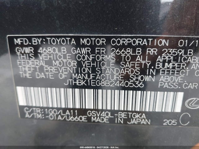 Продажа на аукционе авто 2011 Lexus Es 350, vin: JTHBK1EG8B2440536, номер лота: 44965516