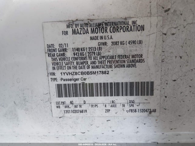 Продаж на аукціоні авто 2011 Mazda Mazda6 S Grand Touring, vin: 1YVHZ8CB0B5M17882, номер лоту: 44965518
