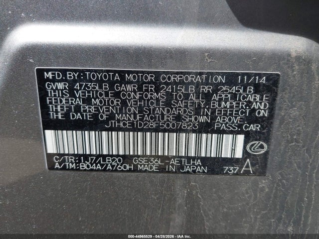Aukcja sprzedaży 2015 Lexus Is 350, vin: JTHCE1D28F5007823, numer aukcji: 44965529