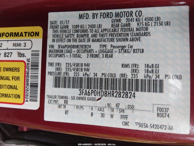 44965531 :رقم المزاد ، 3FA6P0HD8HR282824 vin ، 2017 Ford Fusion Se مزاد بيع