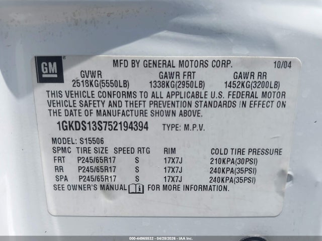 Aukcja sprzedaży 2005 Gmc Envoy Sle, vin: 1GKDS13S752194394, numer aukcji: 44965532