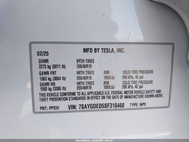 Продажа на аукционе авто 2025 Tesla Model Y Long Range Dual Motor Rear-wheel Drive, vin: 7SAYGDED5SF316468, номер лота: 44965536