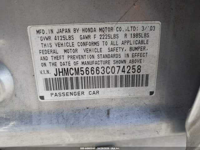 44965540 :رقم المزاد ، JHMCM56663C074258 vin ، 2003 Honda Accord 2.4 Ex مزاد بيع