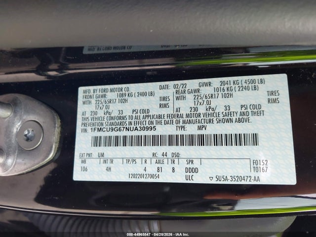Продаж на аукціоні авто 2022 Ford Escape Se, vin: 1FMCU9G67NUA30995, номер лоту: 44965547