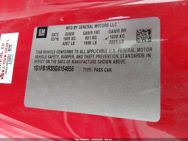 44965562 :رقم المزاد ، 1G1FB1RS5G0154656 vin ، 2016 Chevrolet Camaro 1lt مزاد بيع
