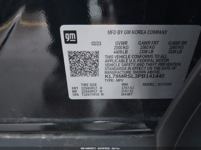 Aukcja sprzedaży 2023 Chevrolet Trailblazer Awd Lt, vin: KL79MRSL3PB141440, numer aukcji: 44965572