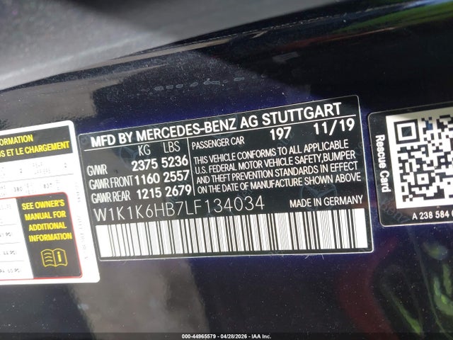 Aukcja sprzedaży 2020 Mercedes-benz E 450, vin: W1K1K6HB7LF134034, numer aukcji: 44965579
