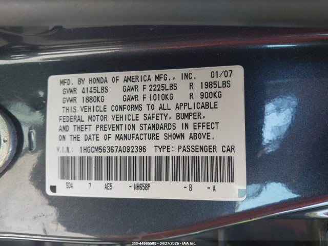 Aukcja sprzedaży 2007 Honda Accord 2.4 Se, vin: 1HGCM56367A092396, numer aukcji: 44965585
