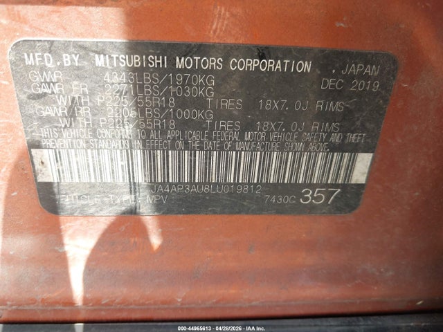 Aukcja sprzedaży 2020 Mitsubishi Outlander Sport 2.0 Es, vin: JA4AP3AU8LU019812, numer aukcji: 44965613