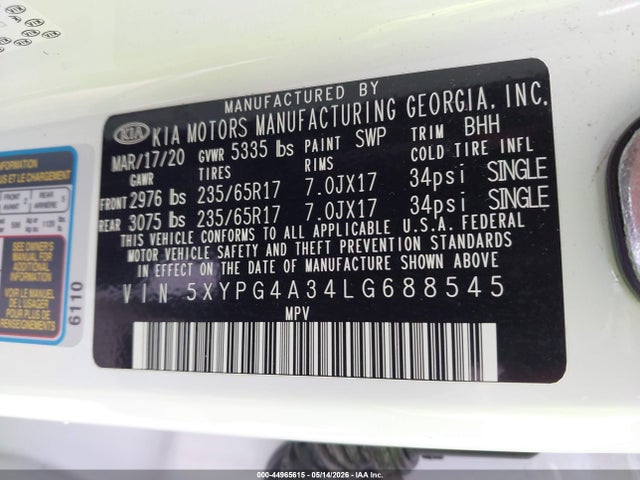Aukcja sprzedaży 2020 Kia Sorento 2.4l Lx, vin: 5XYPG4A34LG688545, numer aukcji: 44965615