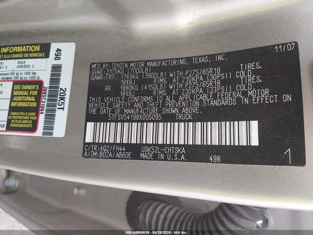 Aukcja sprzedaży 2008 Toyota Tundra Sr5 5.7l V8, vin: 5TFSV54198X005095, numer aukcji: 44965636