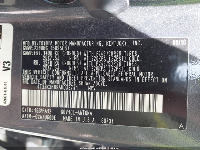 Продажа на аукционе авто 2010 Toyota Venza Base V6, vin: 4T3ZK3BB9AU033741, номер лота: 44965648