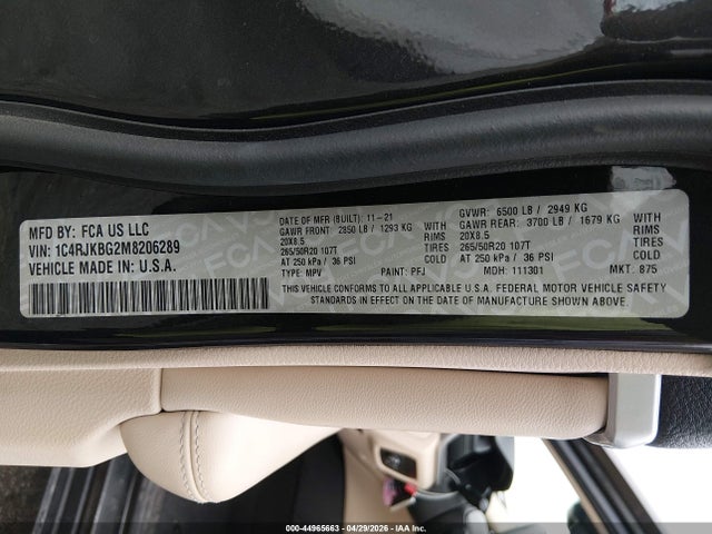 Продаж на аукціоні авто 2021 Jeep Grand Cherokee L Limited 4x4, vin: 1C4RJKBG2M8206289, номер лоту: 44965663