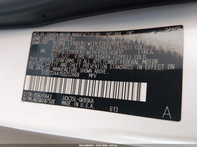 Aukcja sprzedaży 2005 Toyota Sequoia Sr5 V8, vin: 5TDZT34A15S252668, numer aukcji: 44965670