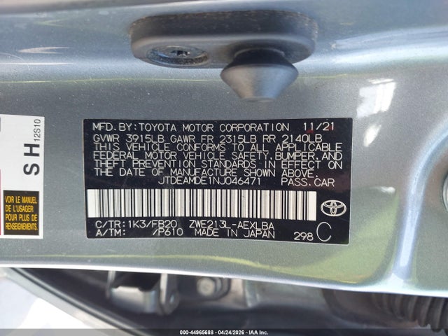 JTDEAMDE1NJ046471 Toyota Corolla Hybrid Le