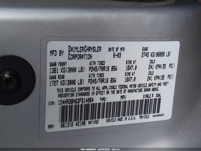 44965698 :رقم المزاد ، 1D4HR38N63F614064 vin ، 2003 Dodge Durango Sport/sxt مزاد بيع